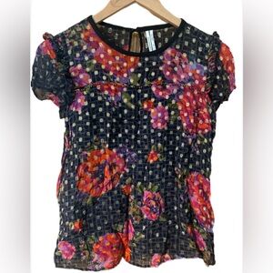 Anthropologie Top Blouse Lace Sheer Short Sleeve Beaded Ruffle Women Size 0